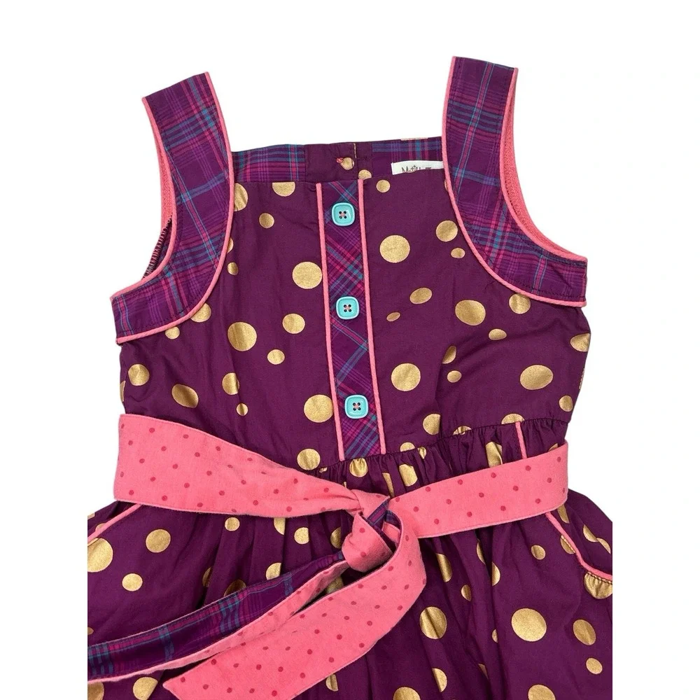 Matilda Jane Plum Gold Polka Dot Plaid Belted Dress With Tulle & Pockets Girls 6